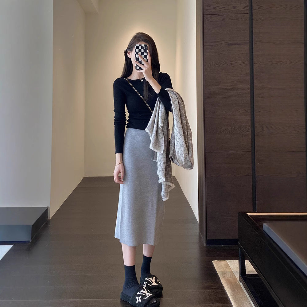 business casual outfits Solid Wear Match Elegant High Waist Slimming Sheath Skirt Knitted Skirt Women's Skirt Autumn and Winter