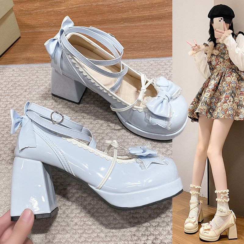 shoes High Heels Lolita Thick Heel Platform Blue Japanese Soft Girl Sweet Cute Bow Shoes for Women