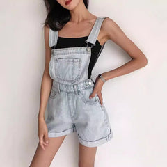 Summer Korean Style Student Denim Suspender Pants Women's Preppy Style Wide Leg Shorts Loose Curling Denim Tide