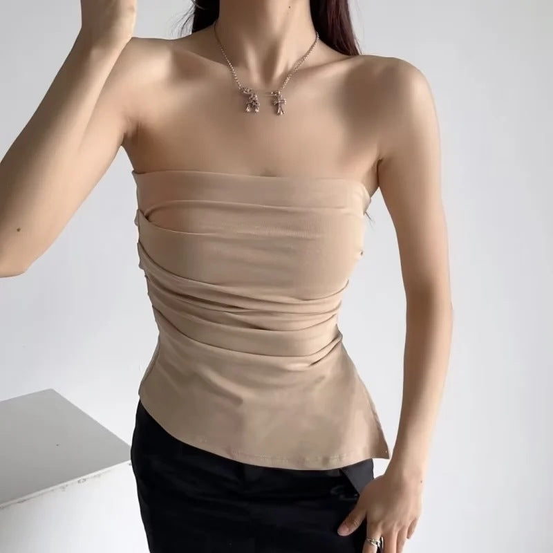 halter tops off-Shoulder Pleated Tube Top Pure Desire Ins Style Holiday Vest Women's Summer Slim Slimming Backless Top