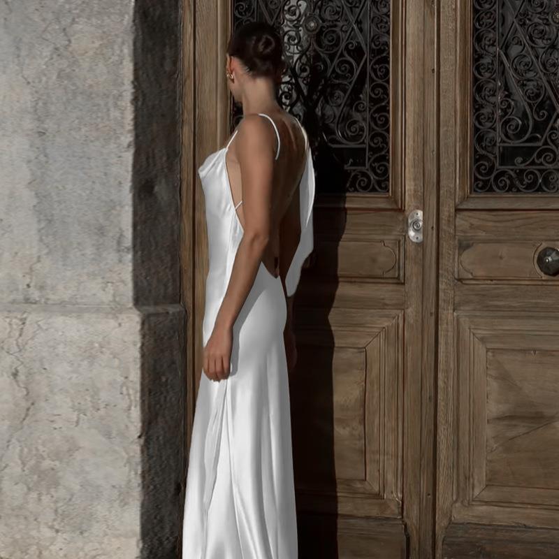 dresses Summer 2024 New Elegant Slim Dress Style Satin Pocket Collar Backless Hot Girl Dress