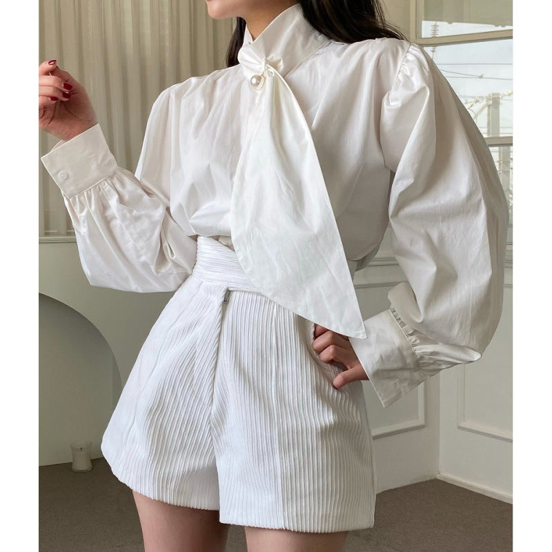 avant garde dress to impress Chic Autumn French Elegant Pearl Button Puff Sleeve Shirt + Irregular High Waist Shorts Suit