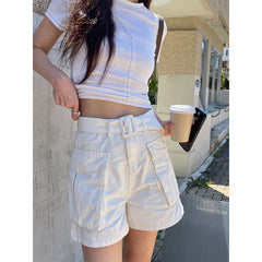 casual dinner outfit fall American Retro Workwear Jeans for Women Summer New Large Pocket Book Cloth Belt Straight Cropped Pants