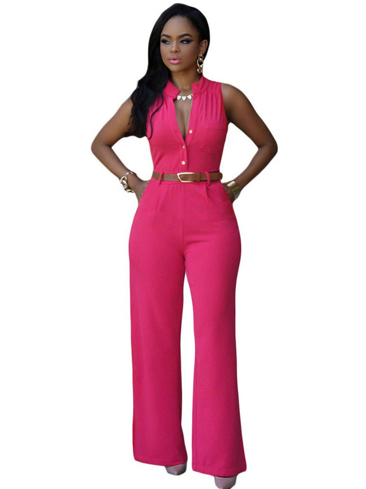 business casual Sexy Stand Collar Women's Jumpsuit Single-Breasted High Waist Hip Lifting Wide Leg Pants with Belt