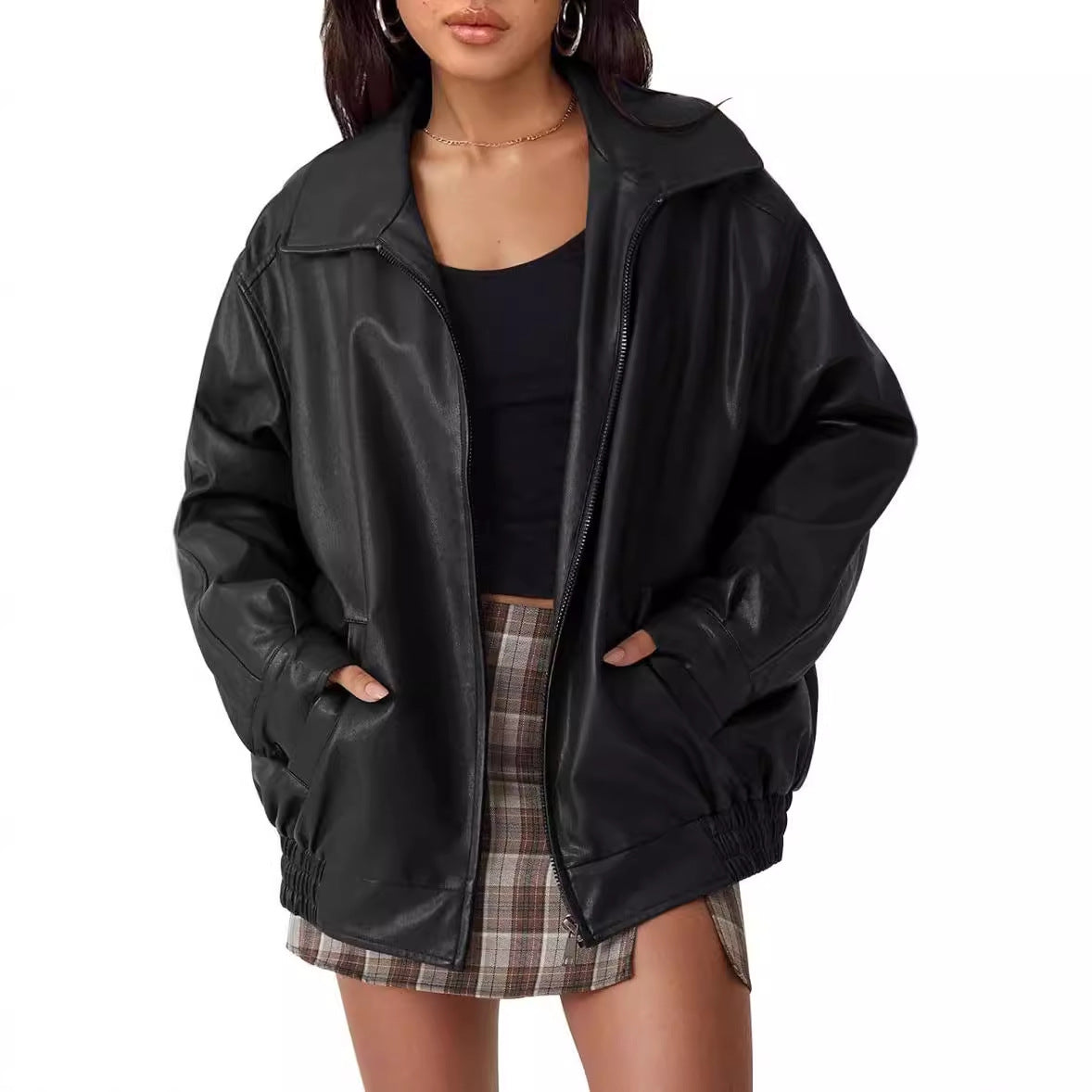 women’s outfits New Women's Oversized Motorcycle Leather Jacket Autumn and Winter Fashion Loose Long Sleeve Motorcycle Jacket
