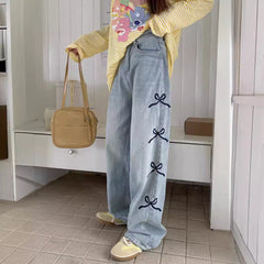 outfit ideas for school Summer New American High Street High Waist All-Match Bow Embroidery Denim Wide Leg Pants