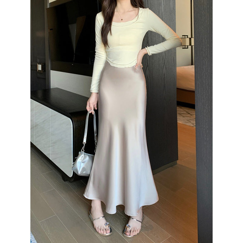 business casual outfits Gentle Style Solid Color Simple Niche Skirt Women's Spring High Waist Slim Fishtail Skirt Fashionable Temperament Mid-Length Skirt