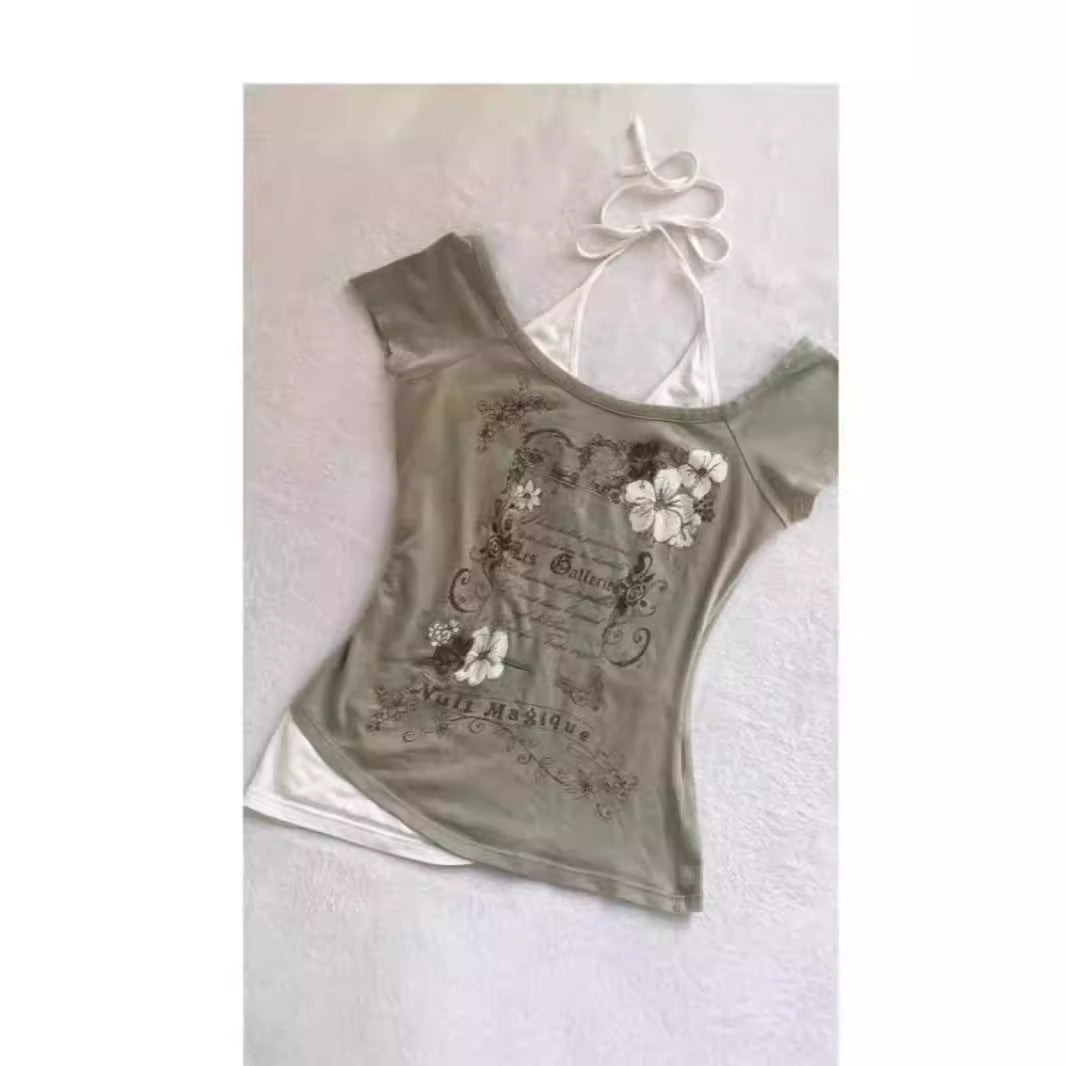fashion outfits Feishi Style Retro Vintage Halter Fake Two-Piece Short-Sleeved T-shirt Mid-Ancient Summer Short Top