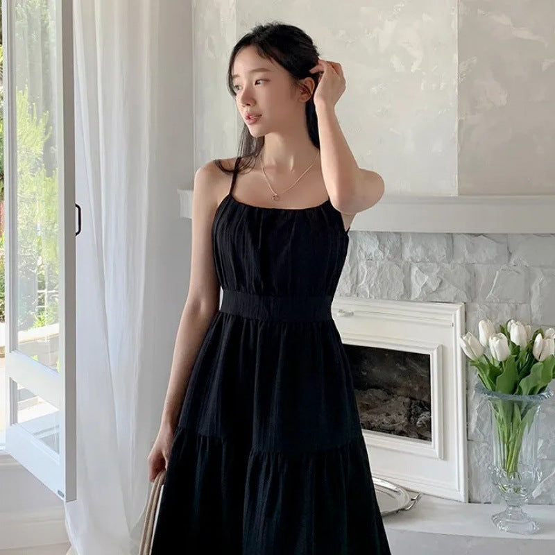 church outfit Chic Korean Style Summer French Gentle Sweet Square Collar Pleated Holiday Casual Cake Skirt Sling Dress