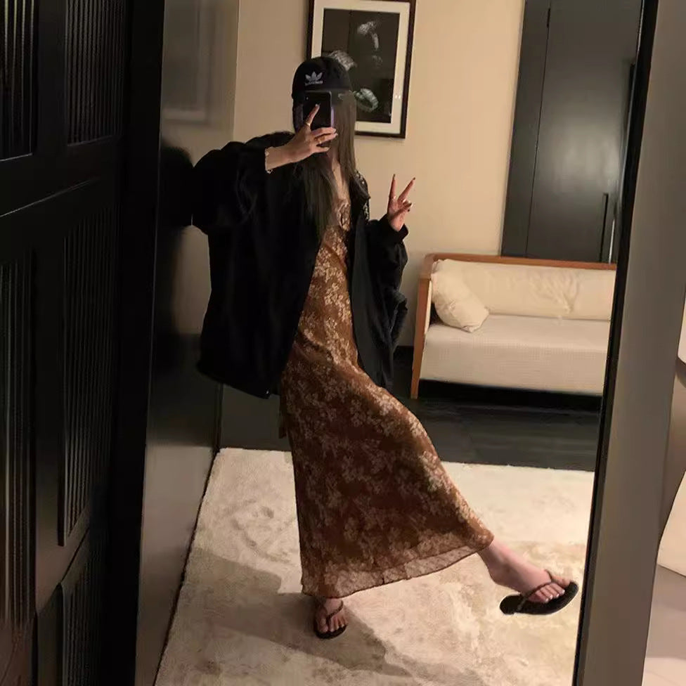 dresses French Retro Floral Chiffon Dress Women's Summer Slimming Ruffled Bell Sleeve Long Dress