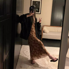 dresses French Retro Floral Chiffon Dress Women's Summer Slimming Ruffled Bell Sleeve Long Dress