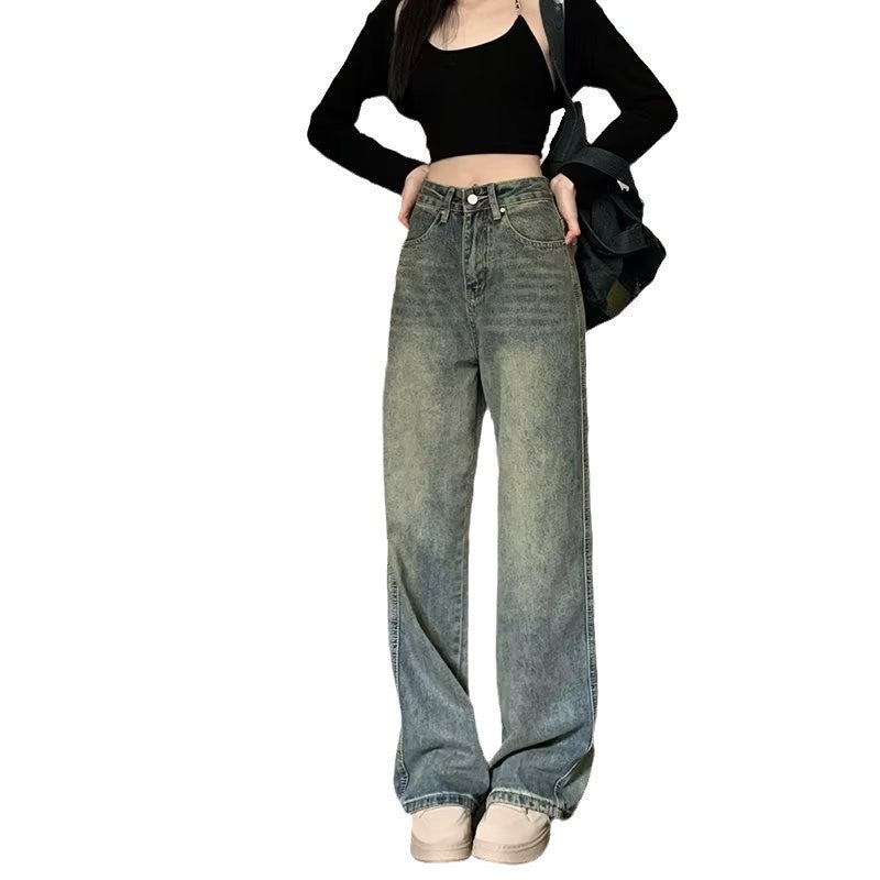 outfit inspo Light Color Washed Distressed Straight Jeans Women's Autumn American High Street Small High Waist Loose Mop Wide Leg Pants