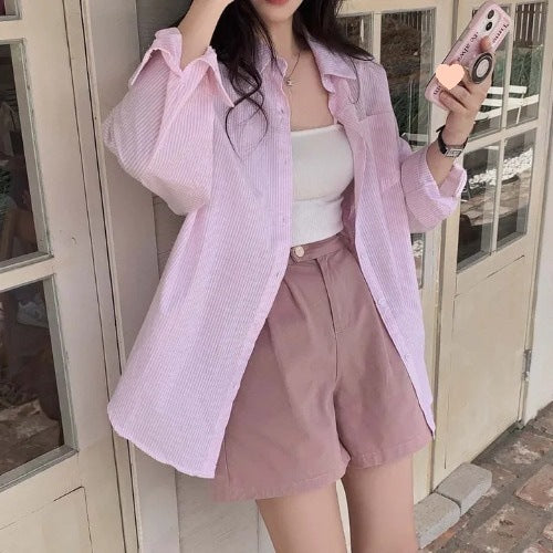 curvy casual outfits Chic Autumn Niche Temperament Simple Loose Striped Shirt Women's Long Sleeve Shirt Top