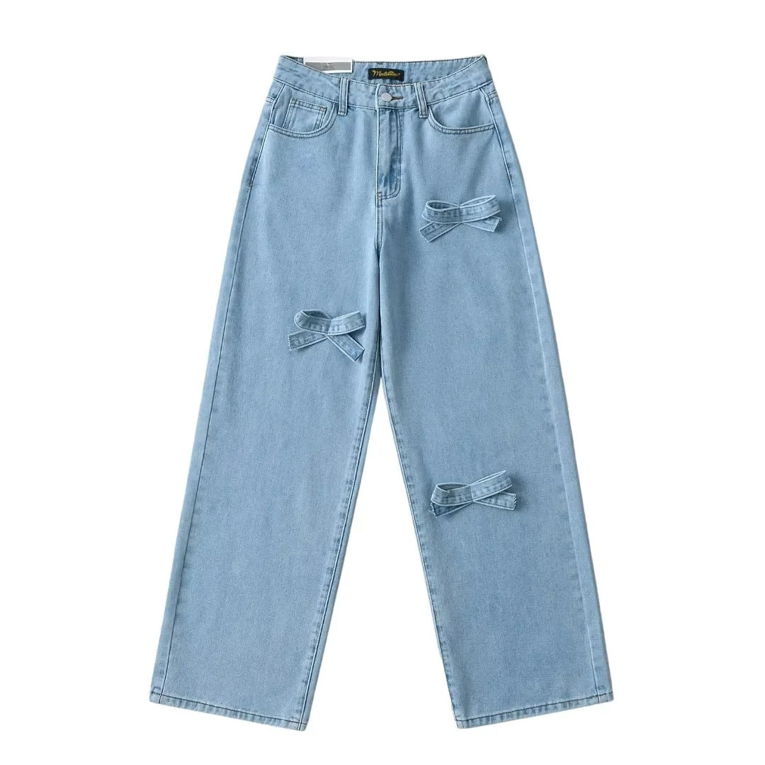 y2k outfits Bow Straight Jeans Loose Comfortable Slimming Personality Trendy Trousers