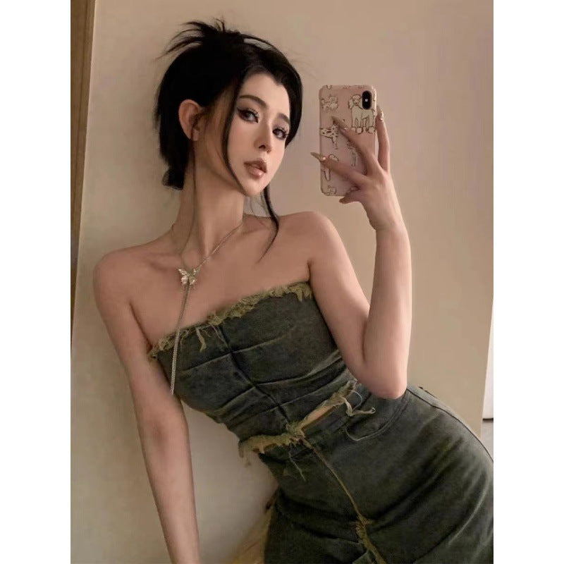 fall trends 2024 outfits [Two-Piece Set] Hot Girl Irregular Tube Top Denim + Distressed Tie-Dye Stitching Skirt Suit