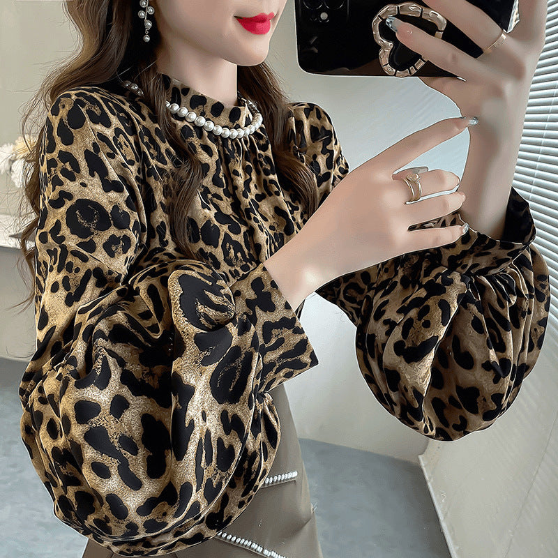 business casual outfits Leopard Print Fashion Top Independent Lantern Sleeve Loose Temperament Shirt for Women