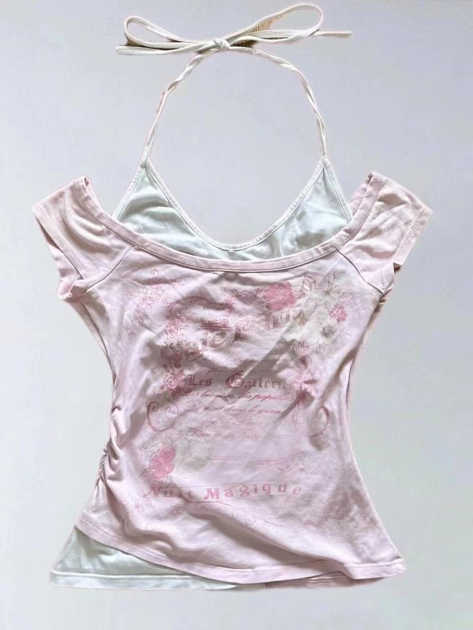 fashion outfits Feishi Style Retro Vintage Halter Fake Two-Piece Short-Sleeved T-shirt Mid-Ancient Summer Short Top
