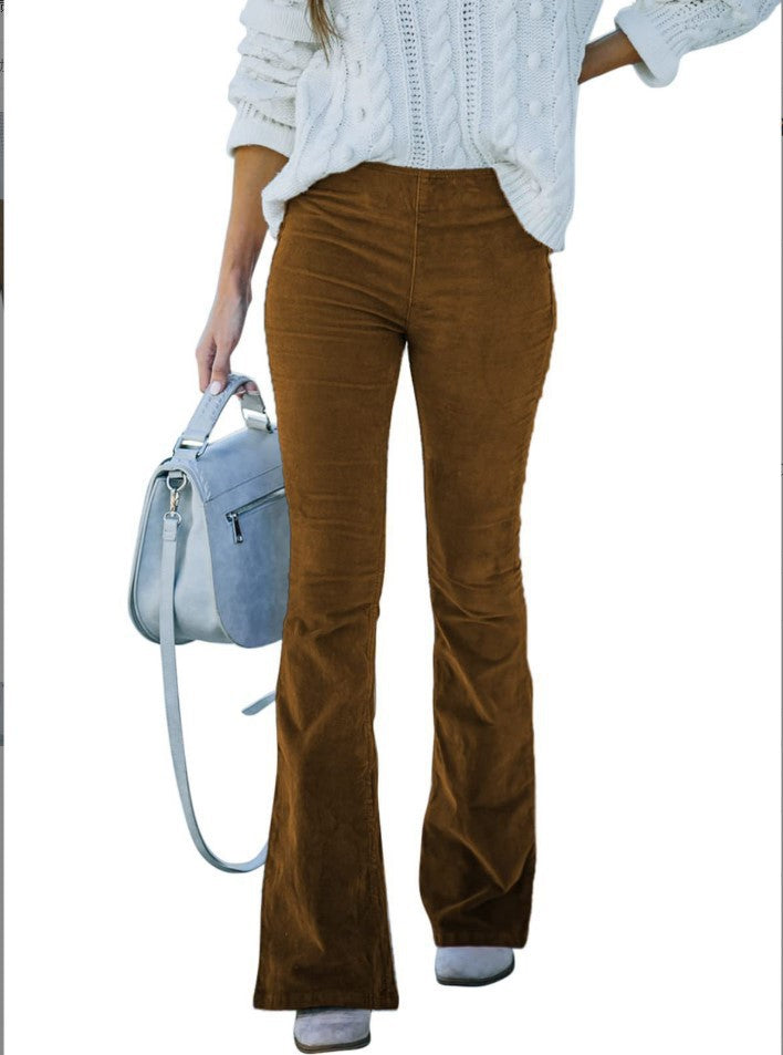 fall fits 2024 Spring and Summer Women's Solid Color High Waist Slim Micro Flared Pants Corduroy Elastic Waist Casual Pants