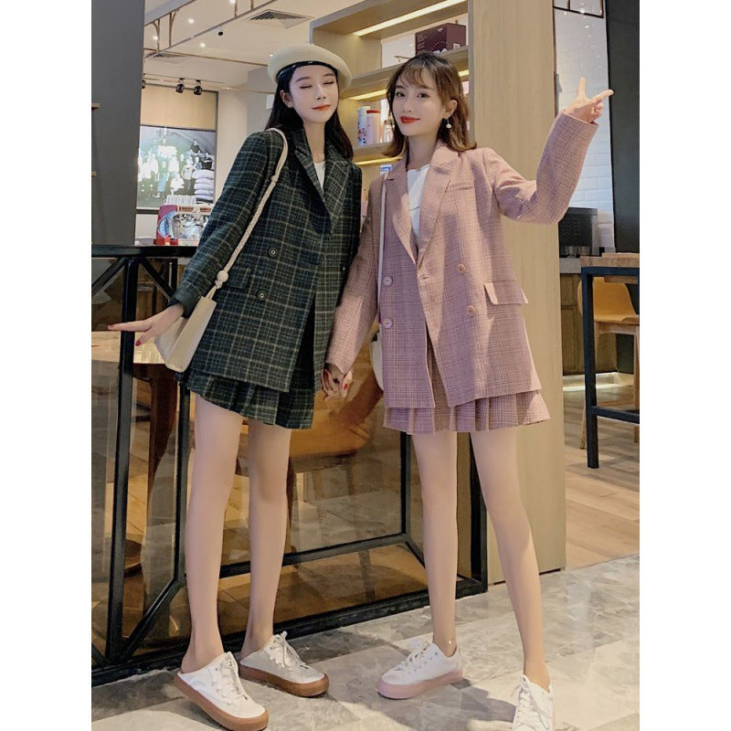 tyler the creator outfits Pink Plaid Suit Jacket for Women Spring and Autumn Western Style Loose Small Suit + Pleated Skirt Fashion Two-Piece Suit