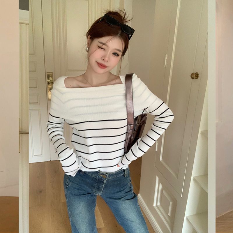 long sweater dress outfit Striped Temperament off-Shoulder Sweater Women's Autumn Slim Slimming Gentle Bottoming Sweater Top