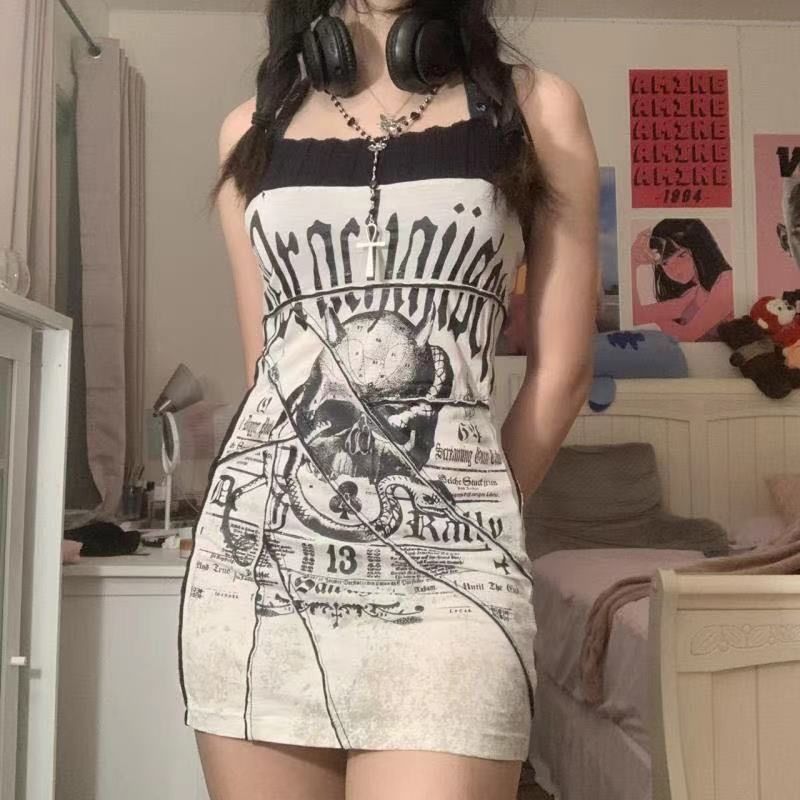 2000s fashion Culture Punk Hot Girl Gothic Dark Skull Stitching Strap Slim Fit Dress Hip Skirt