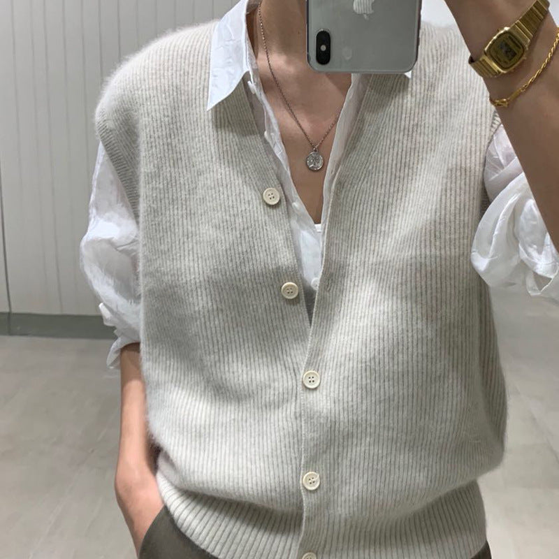 90s streetwear Korean Style New Autumn and Winter round Neck Loose Wool Sweater Vest Women's Sleeveless Cardigan Sweater Women's Vest Outer Wear