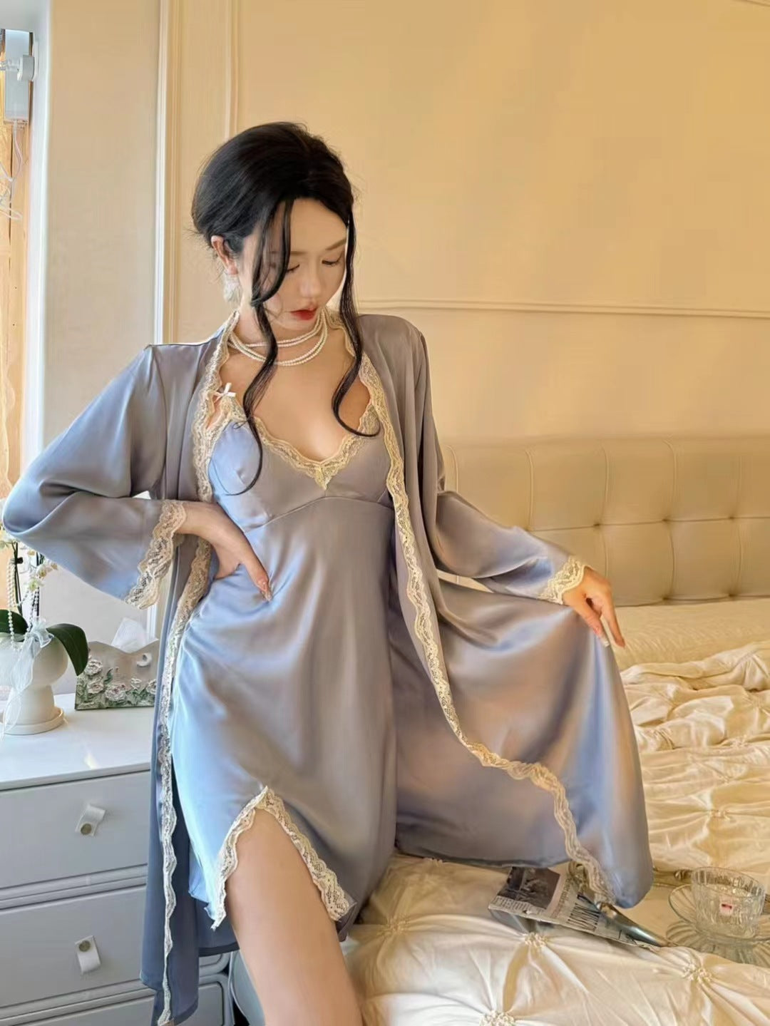 mcbling dress to impress Sexy Pajamas Women's Ice Silk Thin Lace Summer Suspender Nightdress Two-Piece Set