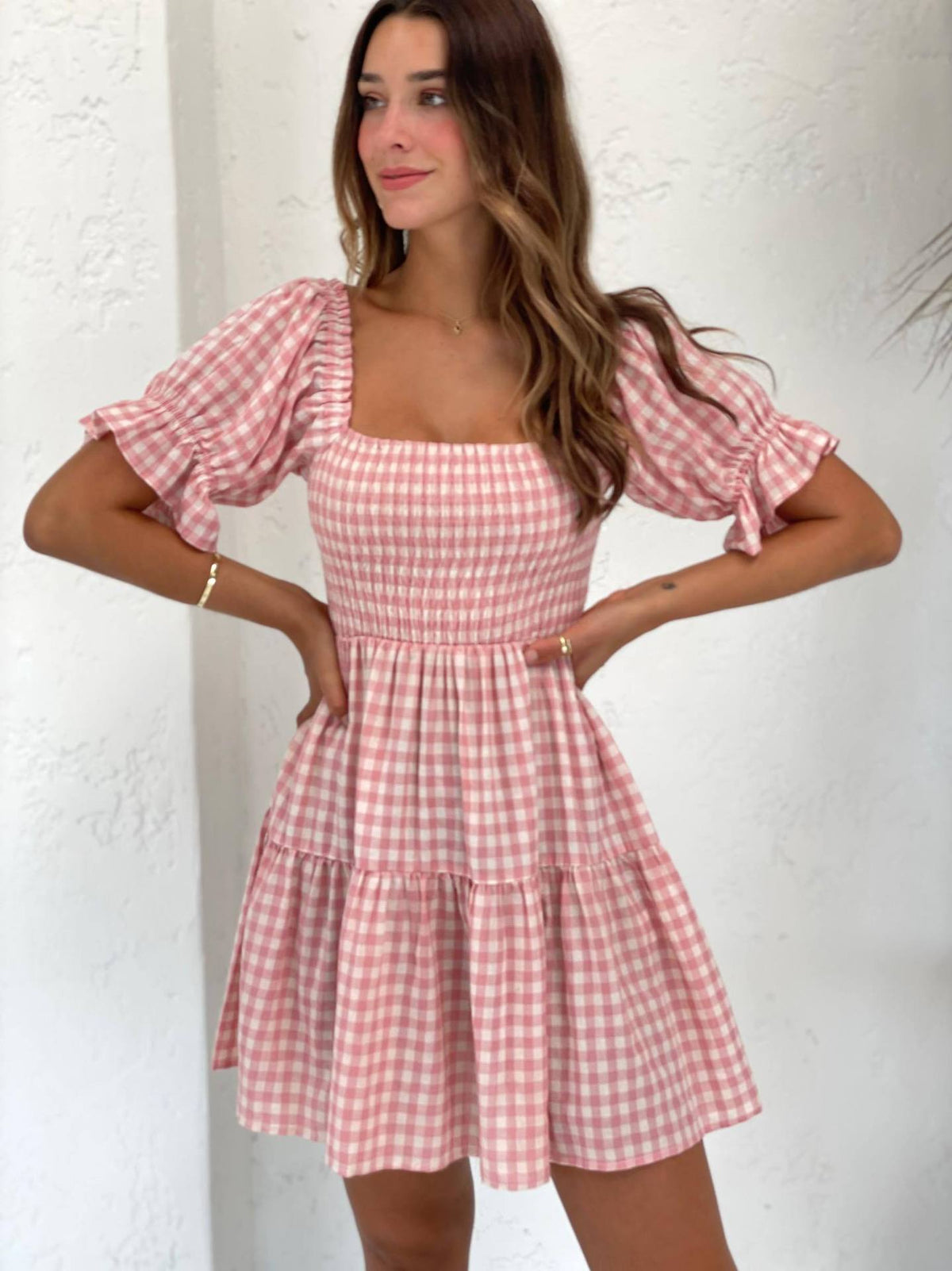 dorothy costume Women's Summer Plaid Printed Square Collar Puff Sleeve Pleated Corset Casual Dress