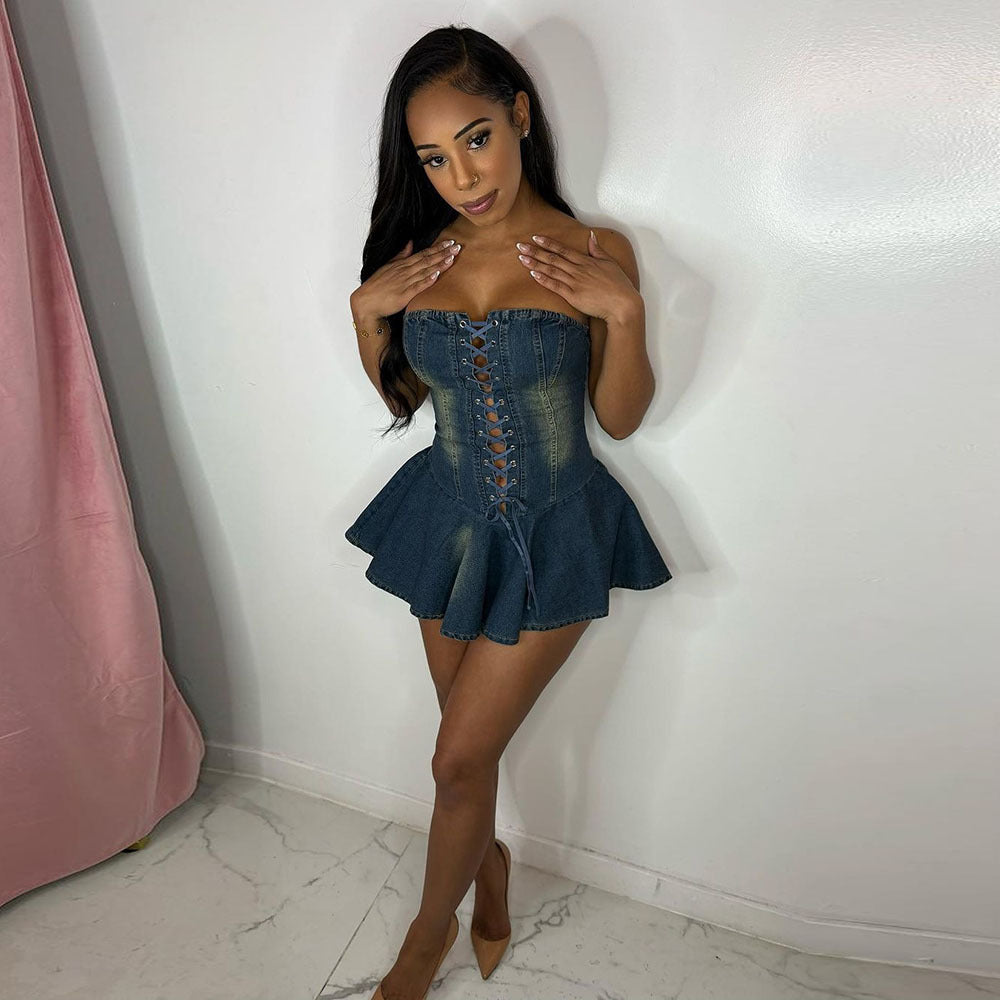 dress to impress harajuku Dress Women's Zipper Lace-up Chest Wrap Sexy Hot Girl Denim Short Ruffle Skirt