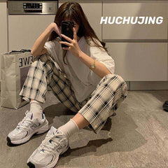 comfy school outfits Korean Style Spring and Summer New Hong Kong Style Chic Retro Light Casual Royal Sister Elegant Western Style Plaid Wide-Leg Pants Fashion