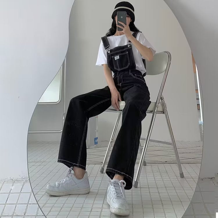 tailgate outfit black women Black Denim Suspender Pants Women's Korean-Style Loose Autumn High Waist Thin Straight Wide Leg Jumpsuit