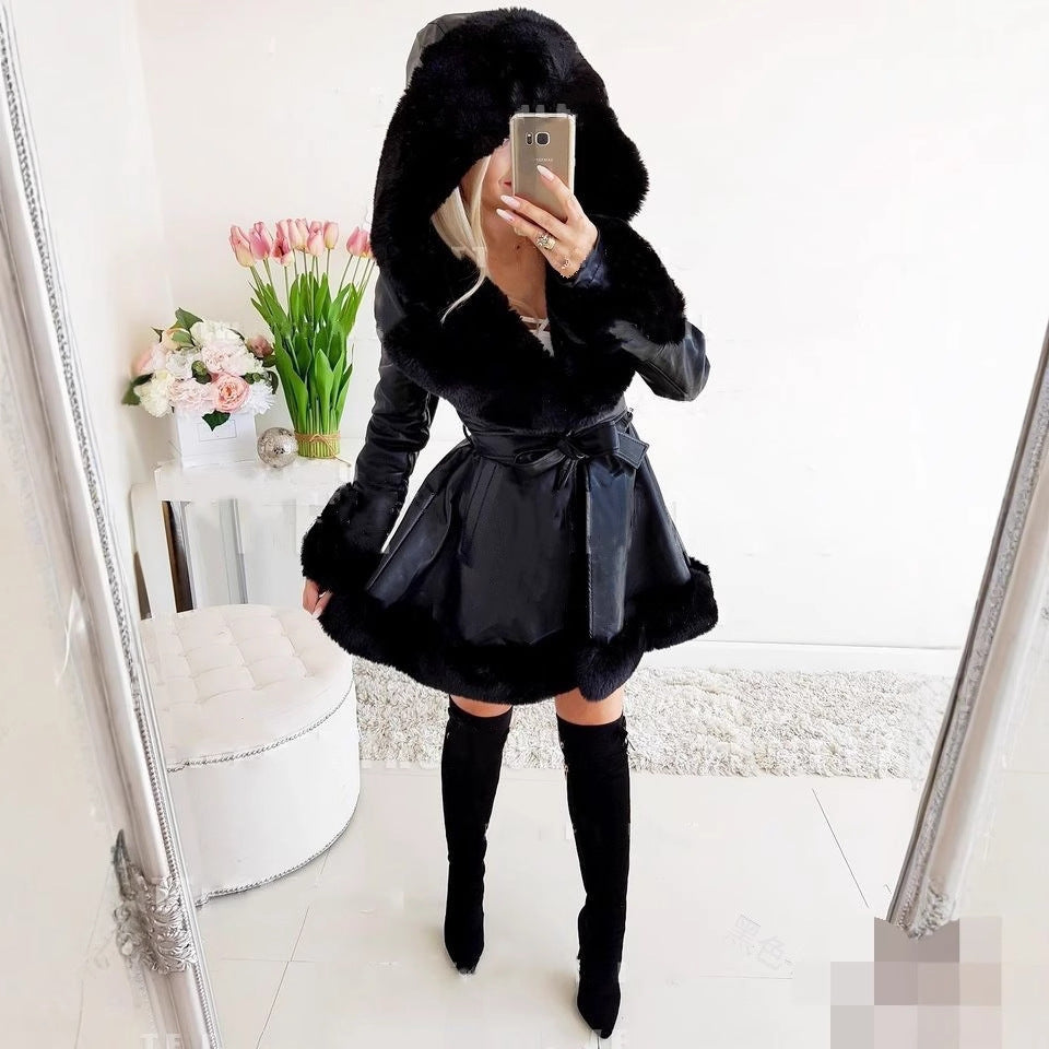 Women's Long-Sleeved Warm Solid Color Lace-up Belt Fur Stitching Ruffled Hooded Jacket