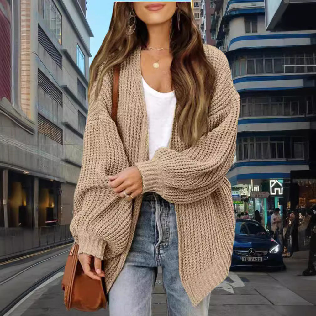 fall fashion Women's 2024 New Fashion Lantern Sleeve Sweater Women's Coat Thick Wool Pocket Knitted Cardigan