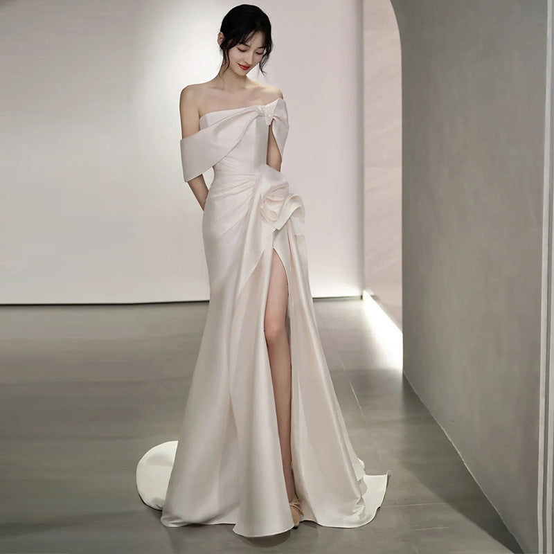 off shoulder Light Wedding Dress Summer New Bridal Satin French Simple Elegant Travel Tail Dress