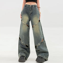 going out outfits Niche Deconstructing Wide-Leg Jeans Women's American High Street Hollow Mop Pants Retro Long Pants Fashion