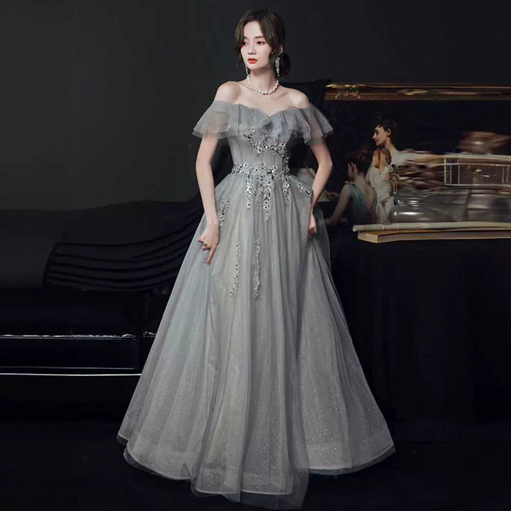 prom dresses Gray Blue off-Shoulder Evening Dress Autumn Fashion Dress Temperament Vocal Solo Host Dress