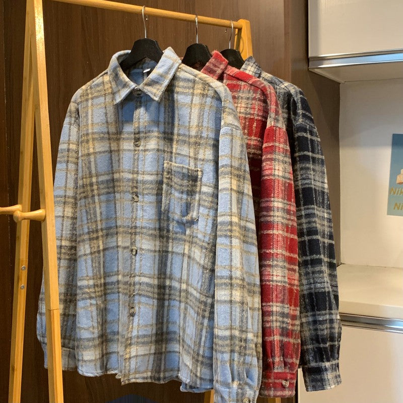 grunge outfits Korean Style Men's Retro Contrast Color Plaid Shirt Men's and Women's Autumn New Style Atmosphere Couple's Shirt Loose Coat