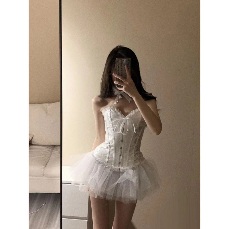 dress Sweet Cool Hot Girl Fishbone Floral Camisole Women's Summer Suit Mesh Skirt Fluffy Skirt