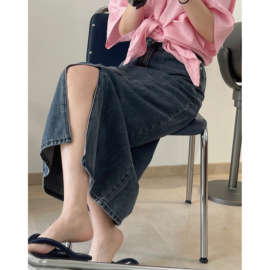 women’s fashion Spring and Summer Korean Style Retro Fashionable High Waist Denim Skirt Front Slit Straight Slimming Casual over-the-Knee Dress for Women