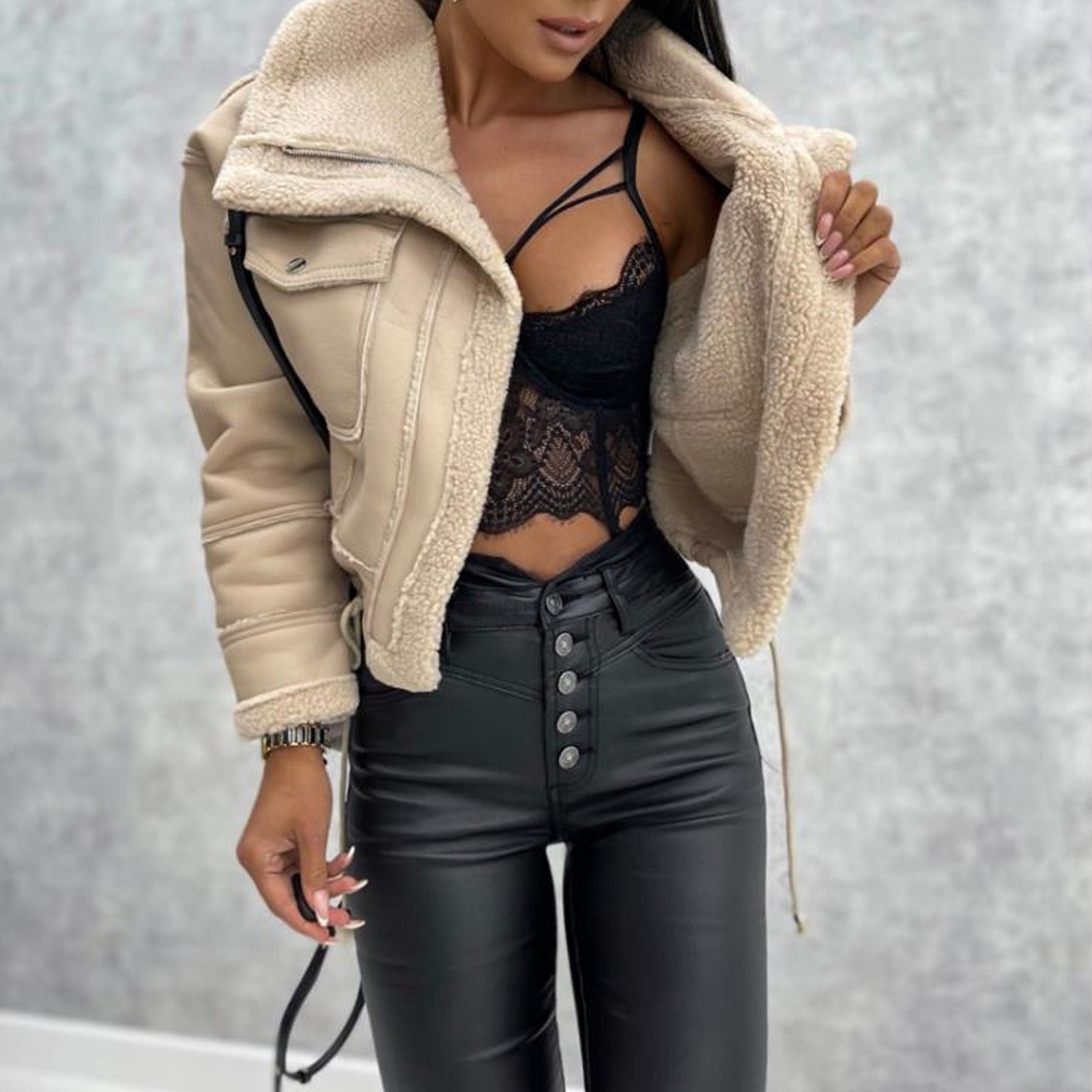 Autumn and Winter Coat Lamb Wool Short Coat Zipper Machine Car Style Jacket Top Female