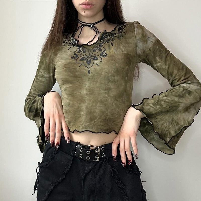 concert outfit Mori Vintage Tie-Dyed Tribal Print Curling Bell Sleeve Short Top Niche V-neck Slim-Fit Navel Slimming Long Sleeve