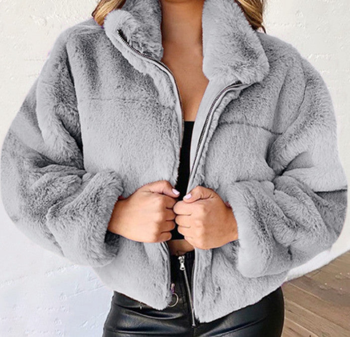 Women's Autumn and Winter Rabbit Fur Faux Fur Zipper Cardigan Plush Warm Coat