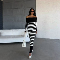 long sweater dress outfit Autumn and Winter Elegant Slim-Fit Sheath Slimming off-Shoulder Collarbone Black and White Stripe Knitted Dress