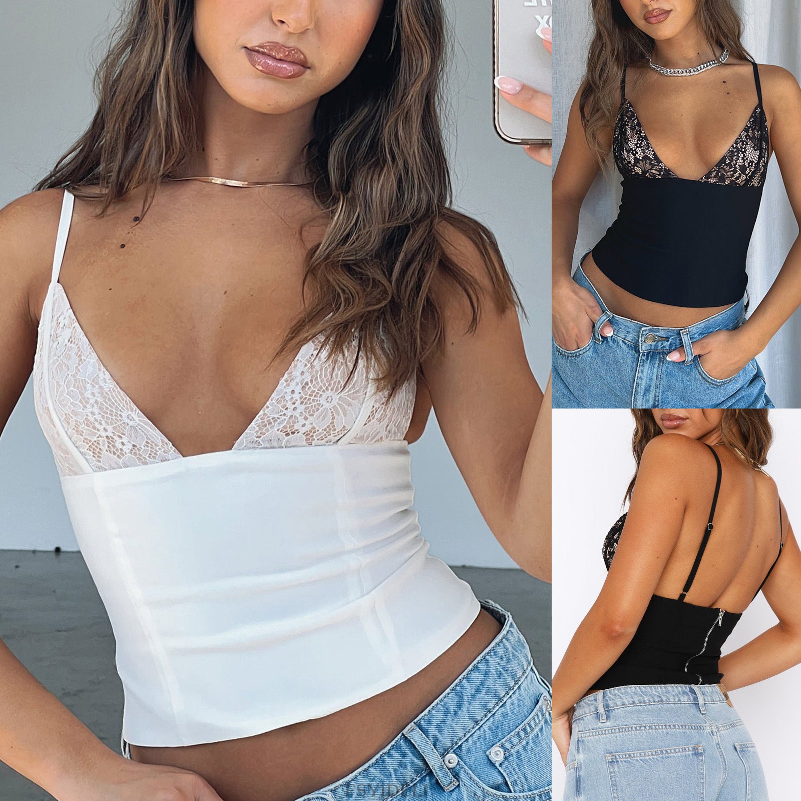 summer outfits inspo Summer Women's Sling Lace Mesh Stitching Sling Perspective Backless Sexy Short Top