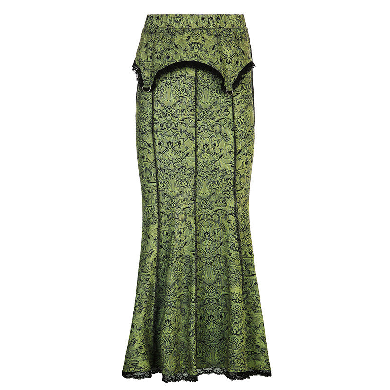 fall outfits women Vintage Printed Reverse Lace Irregular Elastic Waist Slim Fishtail Long Skirt