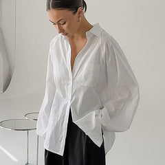 casual dinner outfit fall Fashionable Classic White Cotton and Linen Loose Lapel Lantern Sleeve Pocket Top Autumn and Winter Elegant Women's Shirt