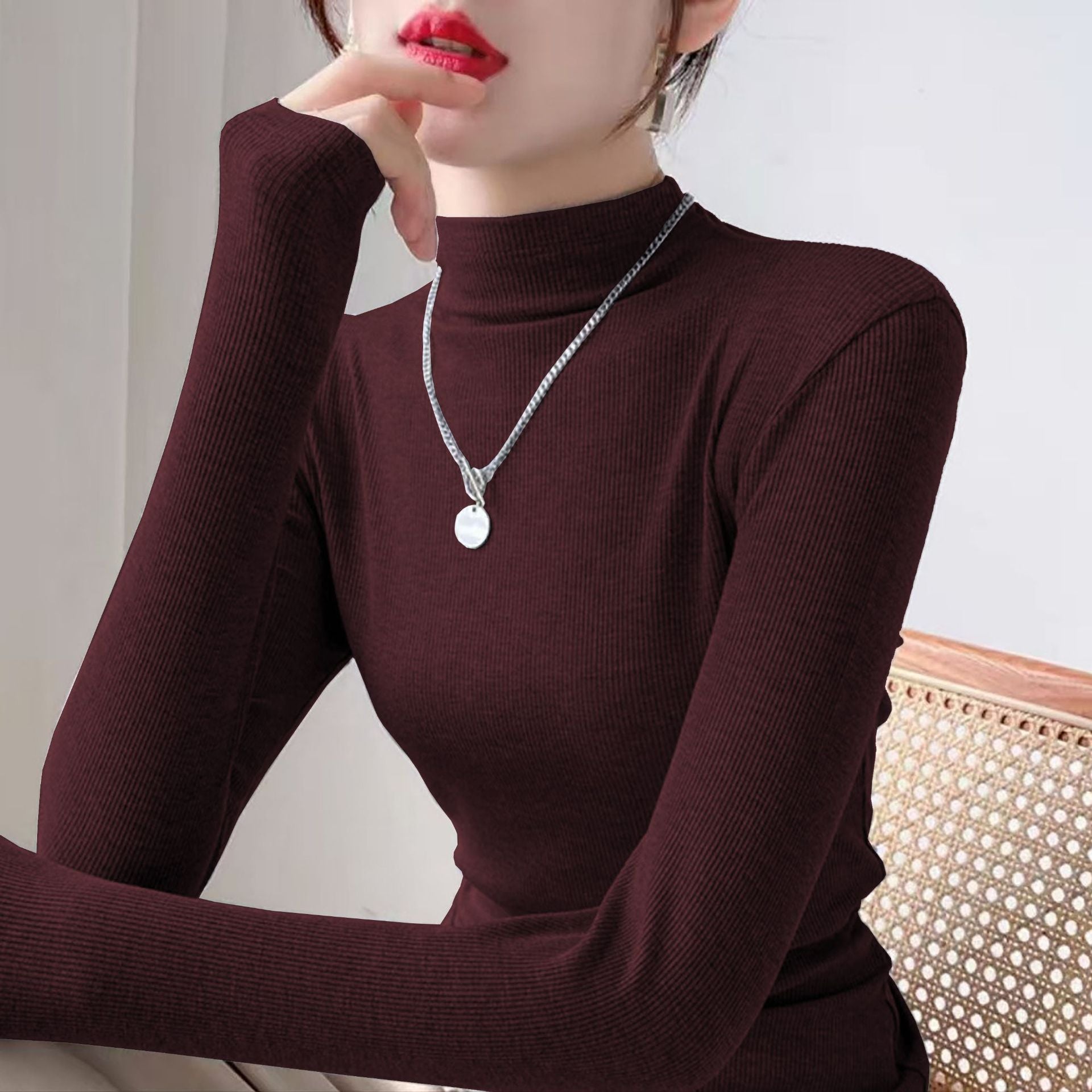 outfit inspo Deep Flower Gray Long-Sleeved T-shirt Women's Autumn and Winter Half Turtleneck Bottoming Shirt Inner Slim Thread Knitted Top 2024 New