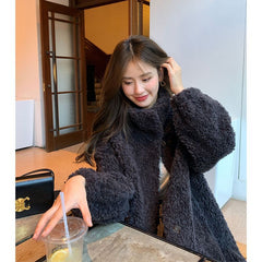 simple winter outfits Maillard Small Teddy Wool Stand Collar Coat Long Cashmere Lamb Fur Coat Thickened Loose