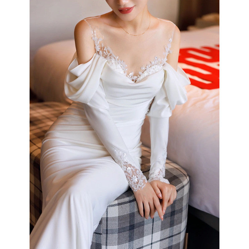 jester dress to impress Light Wedding Dress Bride French Simple Travel Racket White Slimming Fishtail Trailing Long Sleeve Welcome Yarn