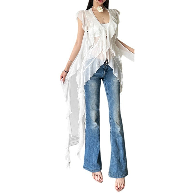 concert outfit Style Summer New Women's Sexy Slimming Wavy Mesh Transparent Irregular Vest
